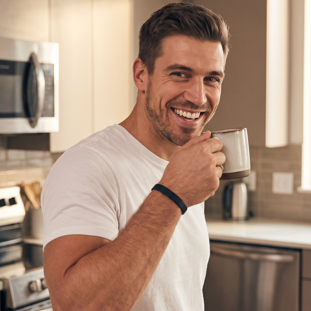 Derselbe Mann mit Kaffee in der Küche, entspannt am Morgen