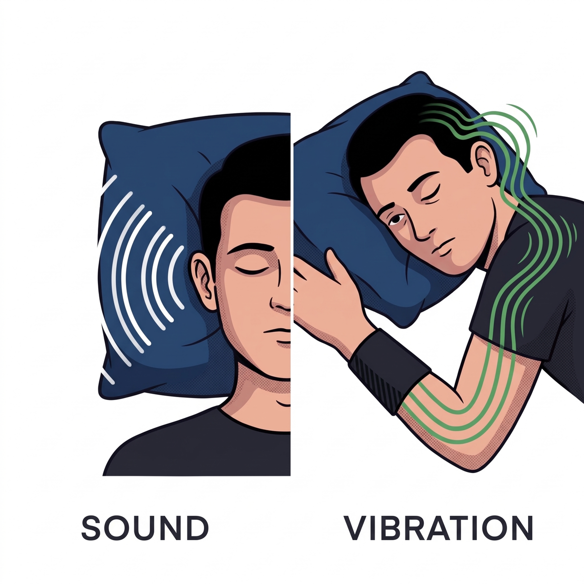 Illustration: Schallwellen prallen am schlafenden Kopf ab, Vibration wandert vom Armband den Arm hinauf