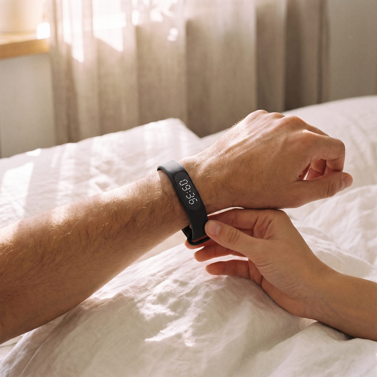 Nahaufnahme: Armband wird abends am Handgelenk geschlossen, Nachttischlampe im Hintergrund